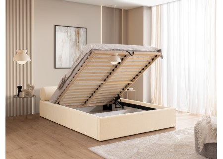 Josy - Designer-Polsterbett mit zylinderförmigem gepolstertem Kopfteil aus Chenille-Stoff mit Lattenrost und großem Bettkasten