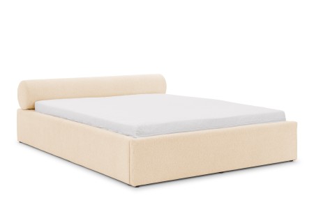 Josy - Designer-Polsterbett mit zylinderförmigem gepolstertem Kopfteil aus Chenille-Stoff mit Lattenrost und großem Bettkasten