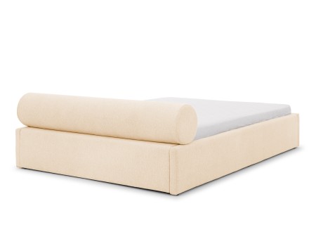 Josy - Designer-Polsterbett mit zylinderförmigem gepolstertem Kopfteil aus Chenille-Stoff mit Lattenrost und großem Bettkasten