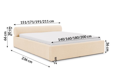 Josy - Designer-Polsterbett mit zylinderförmigem gepolstertem Kopfteil aus Chenille-Stoff mit Lattenrost und großem Bettkasten