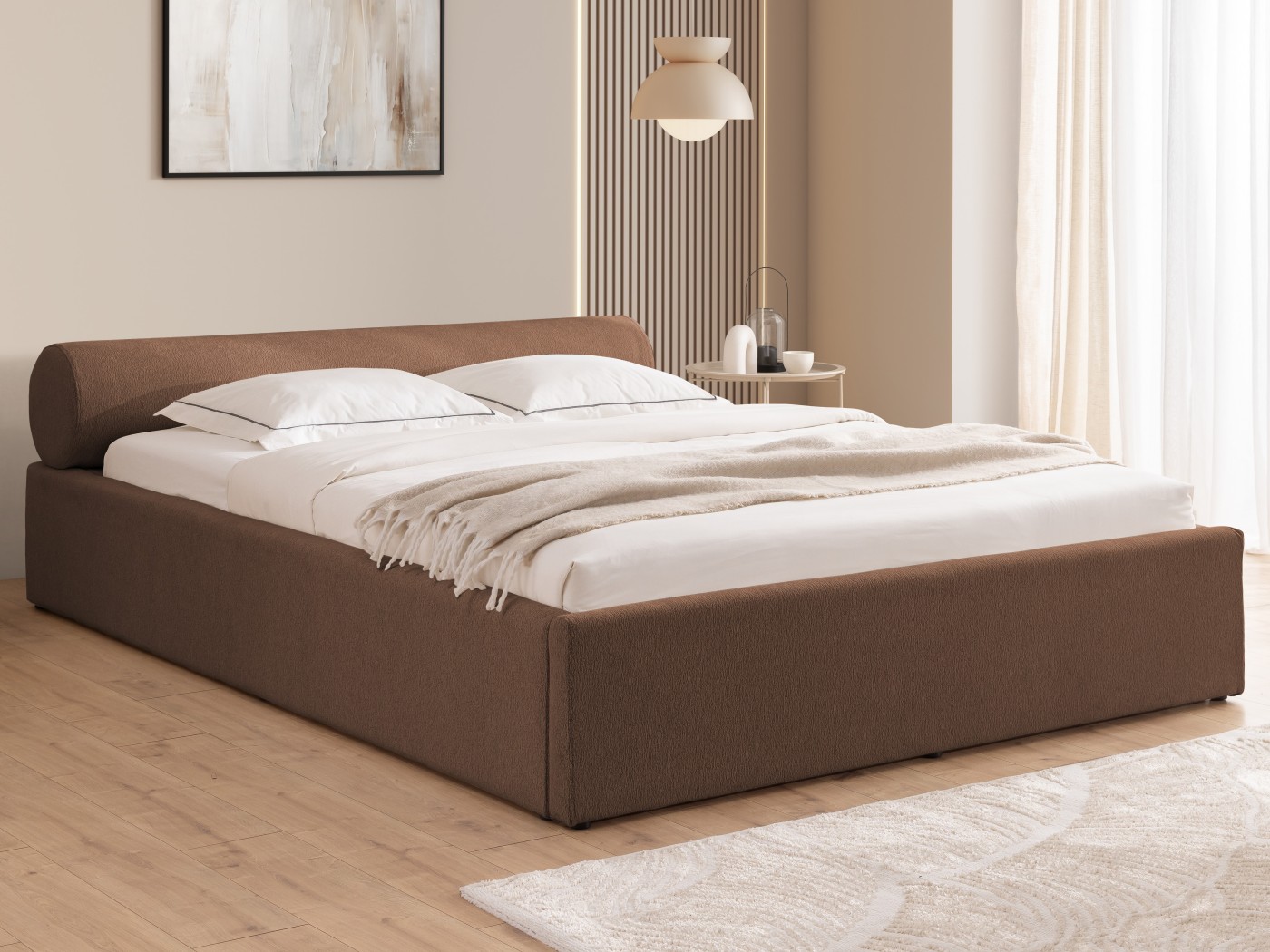 Josy - Designer-Polsterbett mit zylinderförmigem gepolstertem Kopfteil aus Chenille-Stoff mit Lattenrost und großem Bettkasten