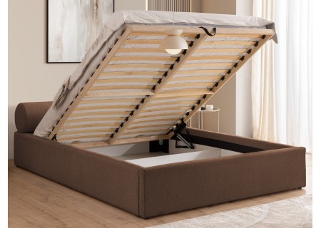 Josy - Designer-Polsterbett mit zylinderförmigem gepolstertem Kopfteil aus Chenille-Stoff mit Lattenrost und großem Bettkasten