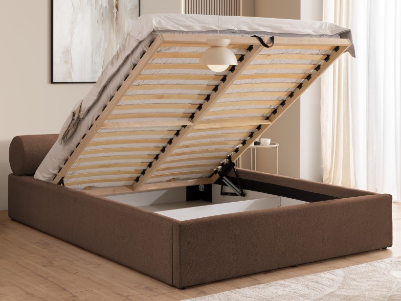 Josy - Designer-Polsterbett mit zylinderförmigem gepolstertem Kopfteil aus Chenille-Stoff mit Lattenrost und großem Bettkasten