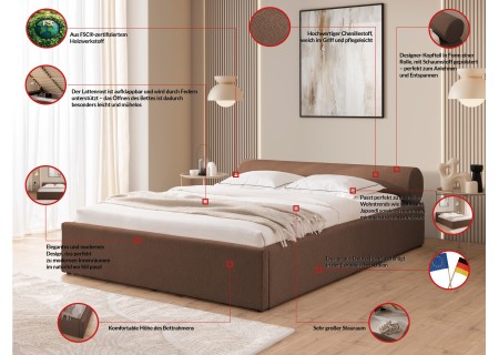 Josy - Designer-Polsterbett mit zylinderförmigem gepolstertem Kopfteil aus Chenille-Stoff mit Lattenrost und großem Bettkasten