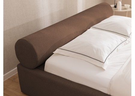 Josy - Designer-Polsterbett mit zylinderförmigem gepolstertem Kopfteil aus Chenille-Stoff mit Lattenrost und großem Bettkasten