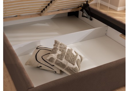 Josy - Designer-Polsterbett mit zylinderförmigem gepolstertem Kopfteil aus Chenille-Stoff mit Lattenrost und großem Bettkasten