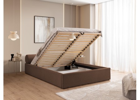 Josy - Designer-Polsterbett mit zylinderförmigem gepolstertem Kopfteil aus Chenille-Stoff mit Lattenrost und großem Bettkasten