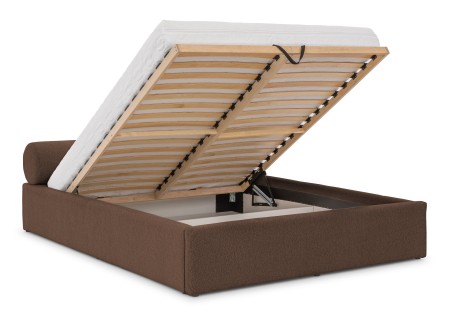 Josy - Designer-Polsterbett mit zylinderförmigem gepolstertem Kopfteil aus Chenille-Stoff mit Lattenrost und großem Bettkasten