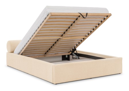 Josy - Designer-Polsterbett mit zylinderförmigem gepolstertem Kopfteil aus Chenille-Stoff mit Lattenrost und großem Bettkasten