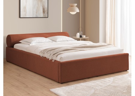 Josy - Designer-Polsterbett mit zylinderförmigem gepolstertem Kopfteil aus Chenille-Stoff mit Lattenrost und großem Bettkasten