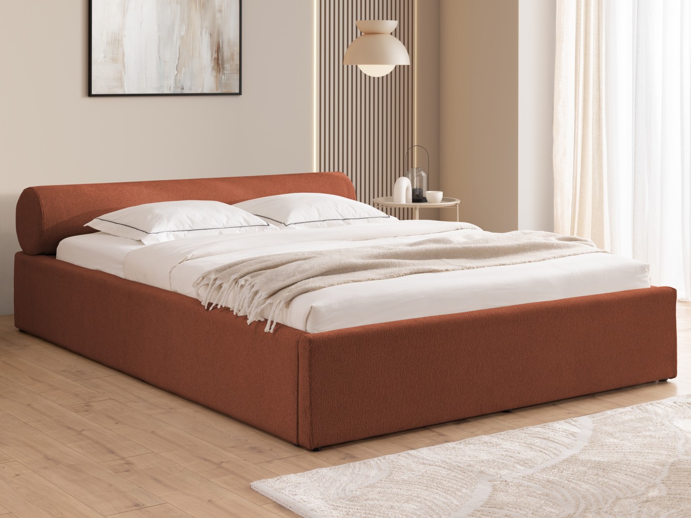 Josy - Designer-Polsterbett mit zylinderförmigem gepolstertem Kopfteil aus Chenille-Stoff mit Lattenrost und großem Bettkasten