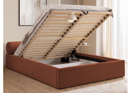 Josy - Designer-Polsterbett mit zylinderförmigem gepolstertem Kopfteil aus Chenille-Stoff mit Lattenrost und großem Bettkasten