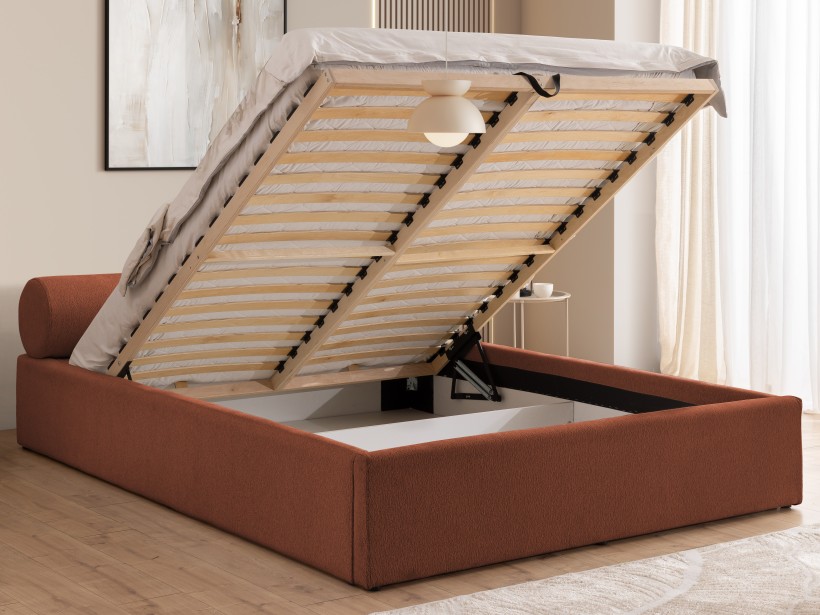 Josy - Designer-Polsterbett mit zylinderförmigem gepolstertem Kopfteil aus Chenille-Stoff mit Lattenrost und großem Bettkasten