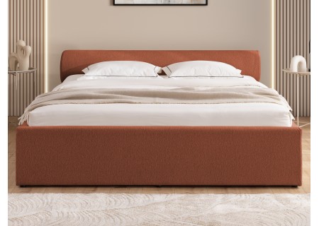 Josy - Designer-Polsterbett mit zylinderförmigem gepolstertem Kopfteil aus Chenille-Stoff mit Lattenrost und großem Bettkasten