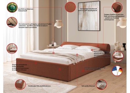 Josy - Designer-Polsterbett mit zylinderförmigem gepolstertem Kopfteil aus Chenille-Stoff mit Lattenrost und großem Bettkasten