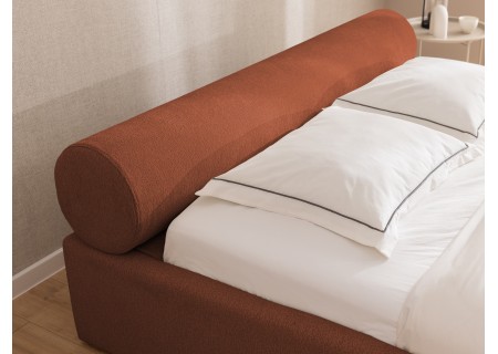 Josy - Designer-Polsterbett mit zylinderförmigem gepolstertem Kopfteil aus Chenille-Stoff mit Lattenrost und großem Bettkasten