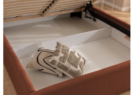 Josy - Designer-Polsterbett mit zylinderförmigem gepolstertem Kopfteil aus Chenille-Stoff mit Lattenrost und großem Bettkasten