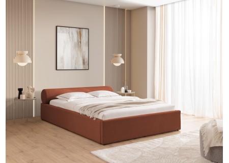 Josy - Designer-Polsterbett mit zylinderförmigem gepolstertem Kopfteil aus Chenille-Stoff mit Lattenrost und großem Bettkasten