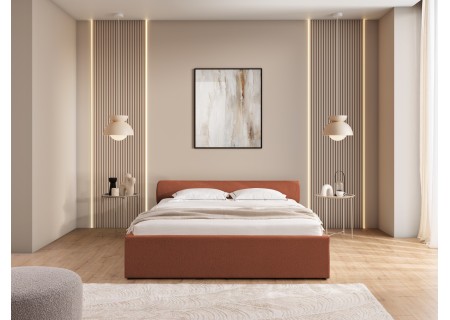 Josy - Designer-Polsterbett mit zylinderförmigem gepolstertem Kopfteil aus Chenille-Stoff mit Lattenrost und großem Bettkasten