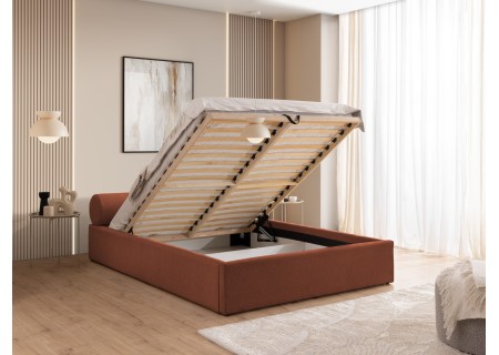 Josy - Designer-Polsterbett mit zylinderförmigem gepolstertem Kopfteil aus Chenille-Stoff mit Lattenrost und großem Bettkasten