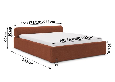 Josy - Designer-Polsterbett mit zylinderförmigem gepolstertem Kopfteil aus Chenille-Stoff mit Lattenrost und großem Bettkasten