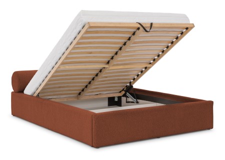 Josy - Designer-Polsterbett mit zylinderförmigem gepolstertem Kopfteil aus Chenille-Stoff mit Lattenrost und großem Bettkasten