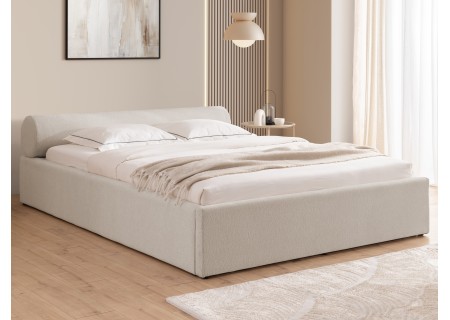 Josy - Designer-Polsterbett mit zylinderförmigem gepolstertem Kopfteil aus Chenille-Stoff mit Lattenrost und großem Bettkasten