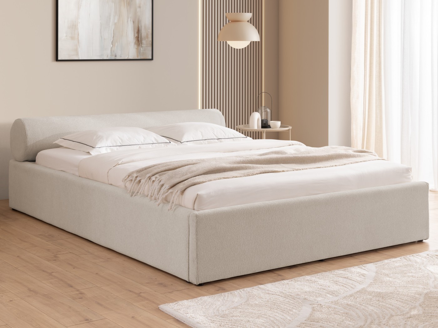 Josy - Designer-Polsterbett mit zylinderförmigem gepolstertem Kopfteil aus Chenille-Stoff mit Lattenrost und großem Bettkasten