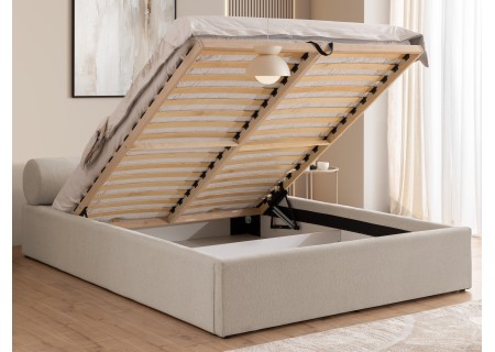 Josy - Designer-Polsterbett mit zylinderförmigem gepolstertem Kopfteil aus Chenille-Stoff mit Lattenrost und großem Bettkasten