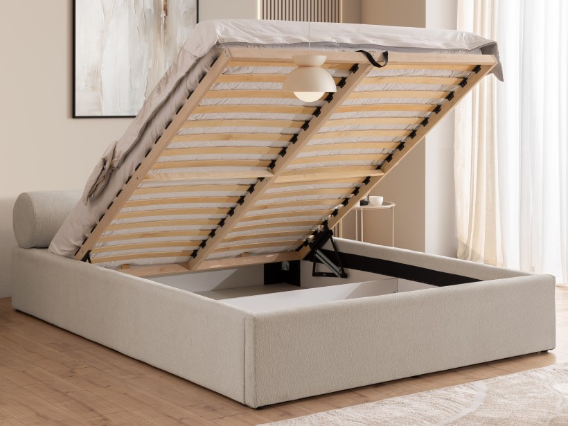 Josy - Designer-Polsterbett mit zylinderförmigem gepolstertem Kopfteil aus Chenille-Stoff mit Lattenrost und großem Bettkasten