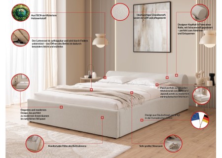 Josy - Designer-Polsterbett mit zylinderförmigem gepolstertem Kopfteil aus Chenille-Stoff mit Lattenrost und großem Bettkasten