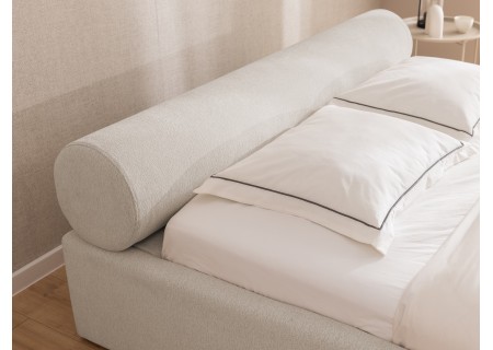Josy - Designer-Polsterbett mit zylinderförmigem gepolstertem Kopfteil aus Chenille-Stoff mit Lattenrost und großem Bettkasten