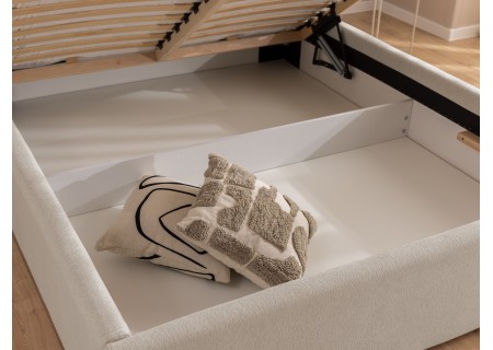 Josy - Designer-Polsterbett mit zylinderförmigem gepolstertem Kopfteil aus Chenille-Stoff mit Lattenrost und großem Bettkasten