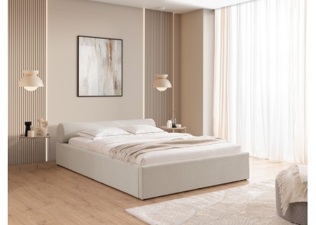 Josy - Designer-Polsterbett mit zylinderförmigem gepolstertem Kopfteil aus Chenille-Stoff mit Lattenrost und großem Bettkasten