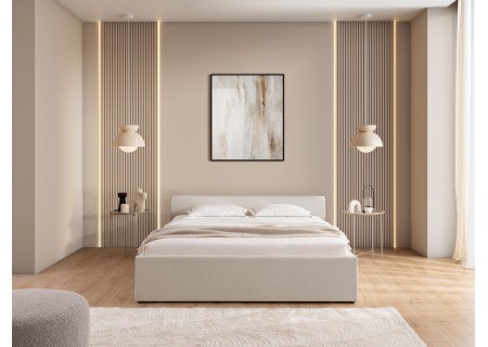 Josy - Designer-Polsterbett mit zylinderförmigem gepolstertem Kopfteil aus Chenille-Stoff mit Lattenrost und großem Bettkasten