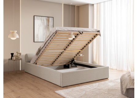 Josy - Designer-Polsterbett mit zylinderförmigem gepolstertem Kopfteil aus Chenille-Stoff mit Lattenrost und großem Bettkasten