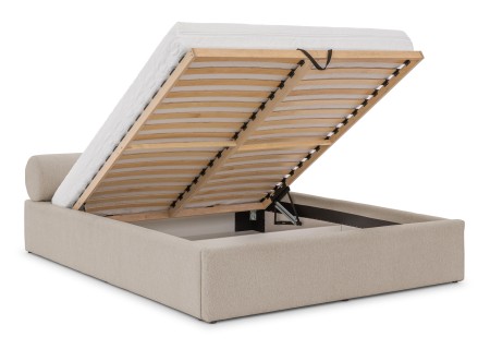 Josy - Designer-Polsterbett mit zylinderförmigem gepolstertem Kopfteil aus Chenille-Stoff mit Lattenrost und großem Bettkasten