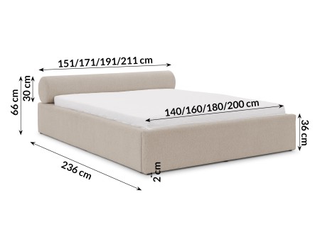 Josy - Designer-Polsterbett mit zylinderförmigem gepolstertem Kopfteil aus Chenille-Stoff mit Lattenrost und großem Bettkasten