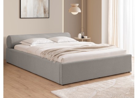 Josy - Designer-Polsterbett mit zylinderförmigem gepolstertem Kopfteil aus Chenille-Stoff mit Lattenrost und großem Bettkasten