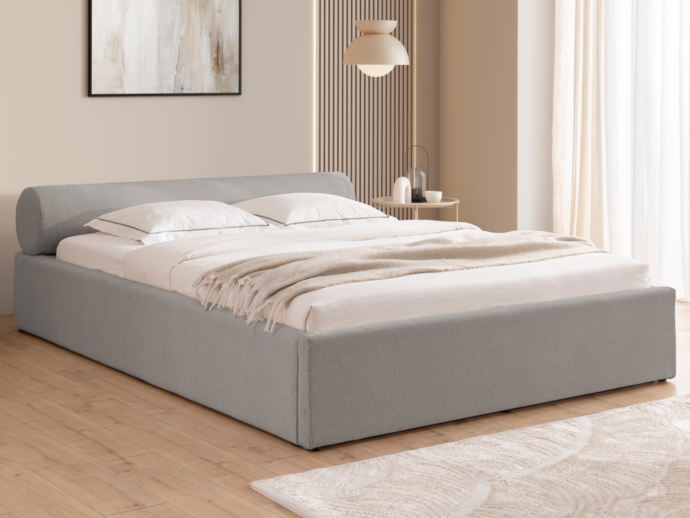 Josy - Designer-Polsterbett mit zylinderförmigem gepolstertem Kopfteil aus Chenille-Stoff mit Lattenrost und großem Bettkasten