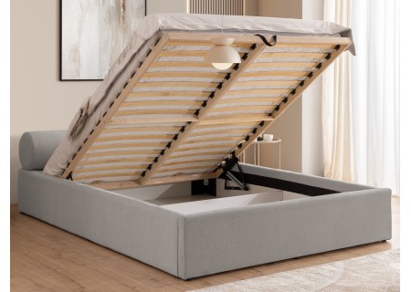 Josy - Designer-Polsterbett mit zylinderförmigem gepolstertem Kopfteil aus Chenille-Stoff mit Lattenrost und großem Bettkasten