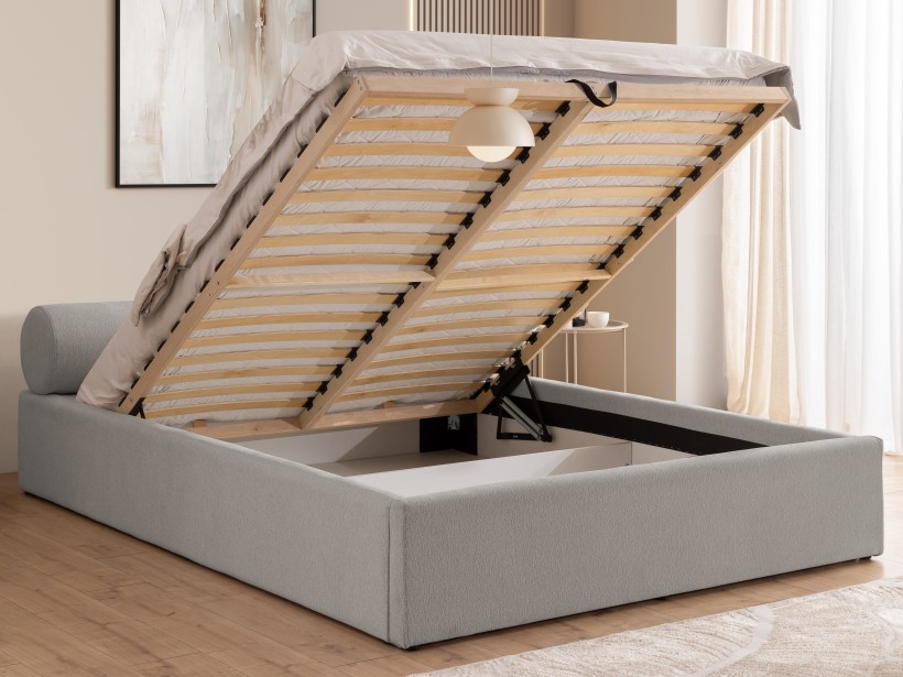 Josy - Designer-Polsterbett mit zylinderförmigem gepolstertem Kopfteil aus Chenille-Stoff mit Lattenrost und großem Bettkasten