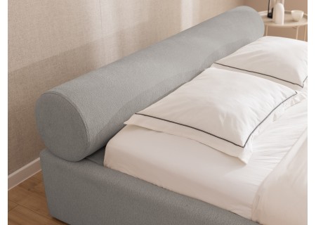 Josy - Designer-Polsterbett mit zylinderförmigem gepolstertem Kopfteil aus Chenille-Stoff mit Lattenrost und großem Bettkasten