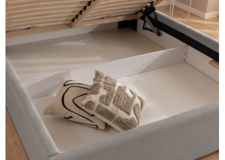 Josy - Designer-Polsterbett mit zylinderförmigem gepolstertem Kopfteil aus Chenille-Stoff mit Lattenrost und großem Bettkasten