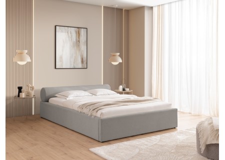 Josy - Designer-Polsterbett mit zylinderförmigem gepolstertem Kopfteil aus Chenille-Stoff mit Lattenrost und großem Bettkasten