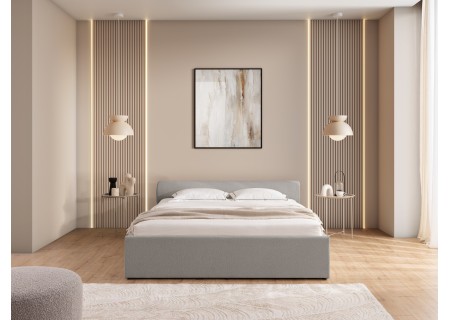 Josy - Designer-Polsterbett mit zylinderförmigem gepolstertem Kopfteil aus Chenille-Stoff mit Lattenrost und großem Bettkasten