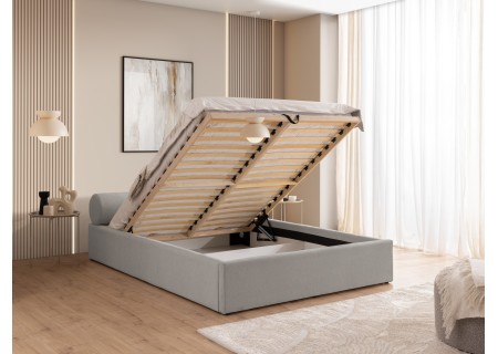 Josy - Designer-Polsterbett mit zylinderförmigem gepolstertem Kopfteil aus Chenille-Stoff mit Lattenrost und großem Bettkasten