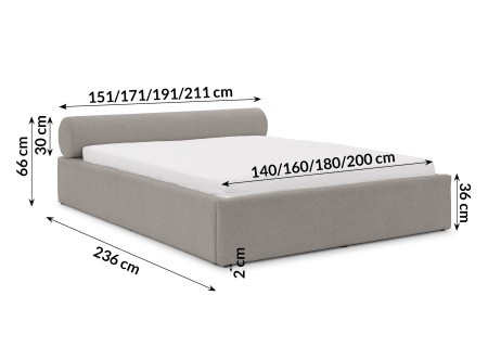 Josy - Designer-Polsterbett mit zylinderförmigem gepolstertem Kopfteil aus Chenille-Stoff mit Lattenrost und großem Bettkasten