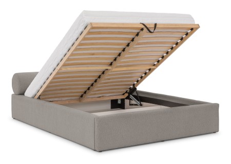 Josy - Designer-Polsterbett mit zylinderförmigem gepolstertem Kopfteil aus Chenille-Stoff mit Lattenrost und großem Bettkasten