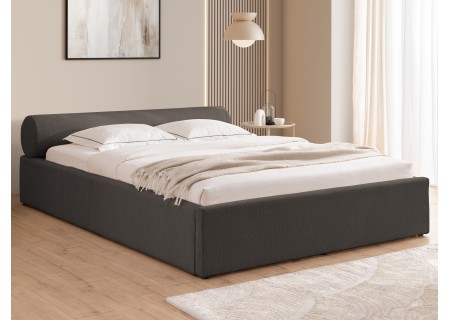 Josy - Designer-Polsterbett mit zylinderförmigem gepolstertem Kopfteil aus Chenille-Stoff mit Lattenrost und großem Bettkasten